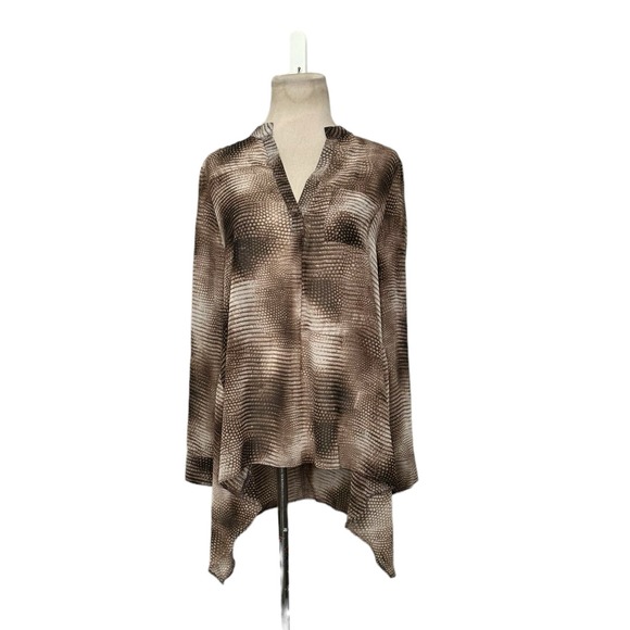 Casting brown silk animal print long sleeves buttoned tunic blouse size M - Picture 1 of 10